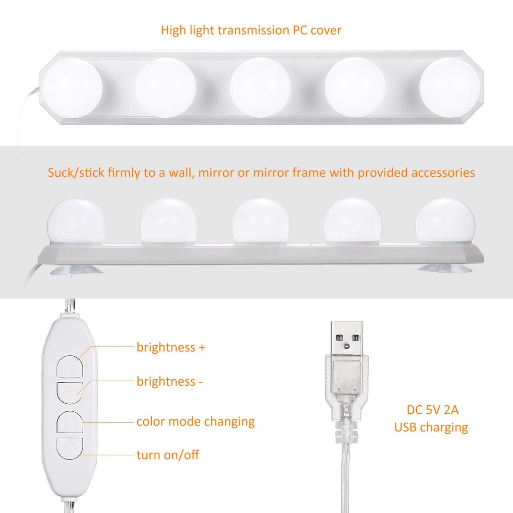 Tomshine Actress LED Mirror Lighting 5 LED Adjustable No Holes Hollywood USB Charging Cable Easy for Beauty and Bathrooms Light, Light, 3-Color +