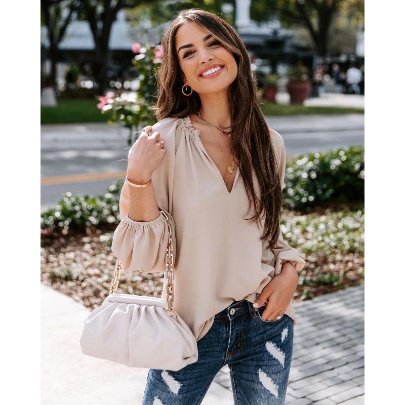 

Весенне-осенняя женская классная рубашка с длинным рукавом, однотонный повседневный свободный топ с V-образным вырезом 3XL хаки