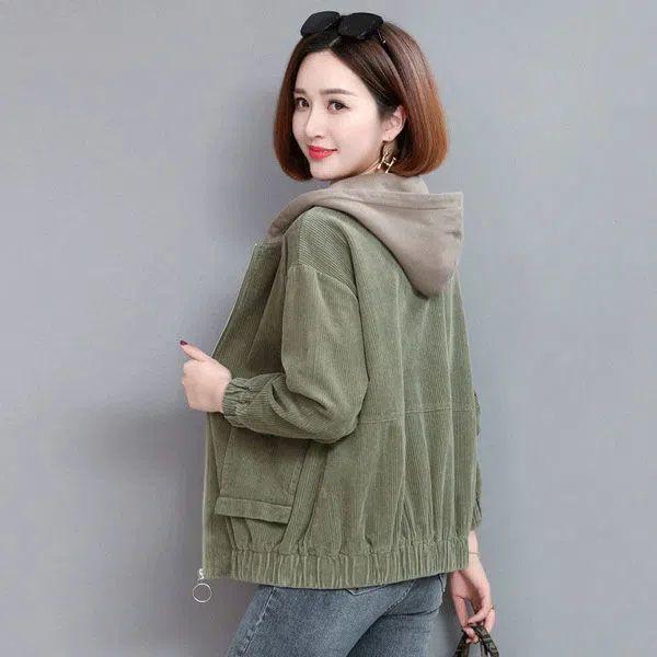 Women's Corduroy Jacket Spring Autumn Loose Mom Korean Version Hooded Short Thin Coat Large Size Casual Style