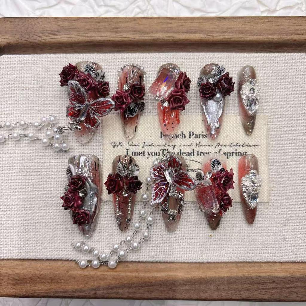 Dark Red 3D Butterfly Handcrafted Wearable Nails