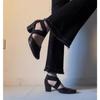 Women Pumps French Style Cowhide Summer Shoes Cross-Tied Woman Sandals Lady Spring Autum Retro Pumps Thick Heel 6.5 CM Round Toe