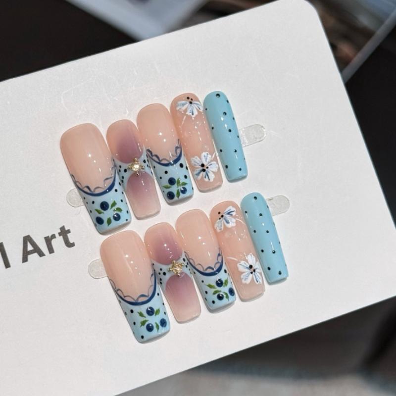 10Pcs Handmade Light Blue French Fake Nails with Blueberry & Floral Accents XS