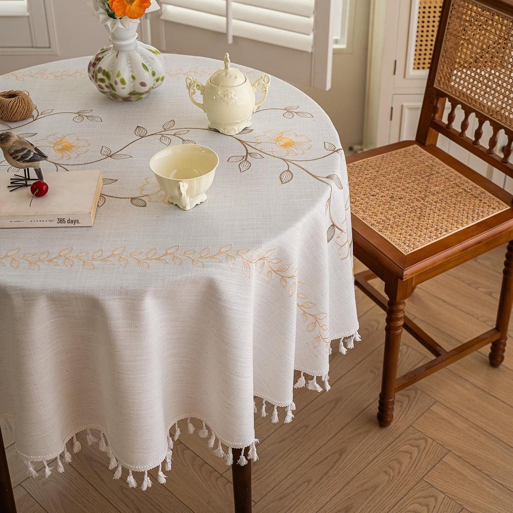 Waterproof Cotton Linen Embroidered Tablecloth for Dining or Coffee Table