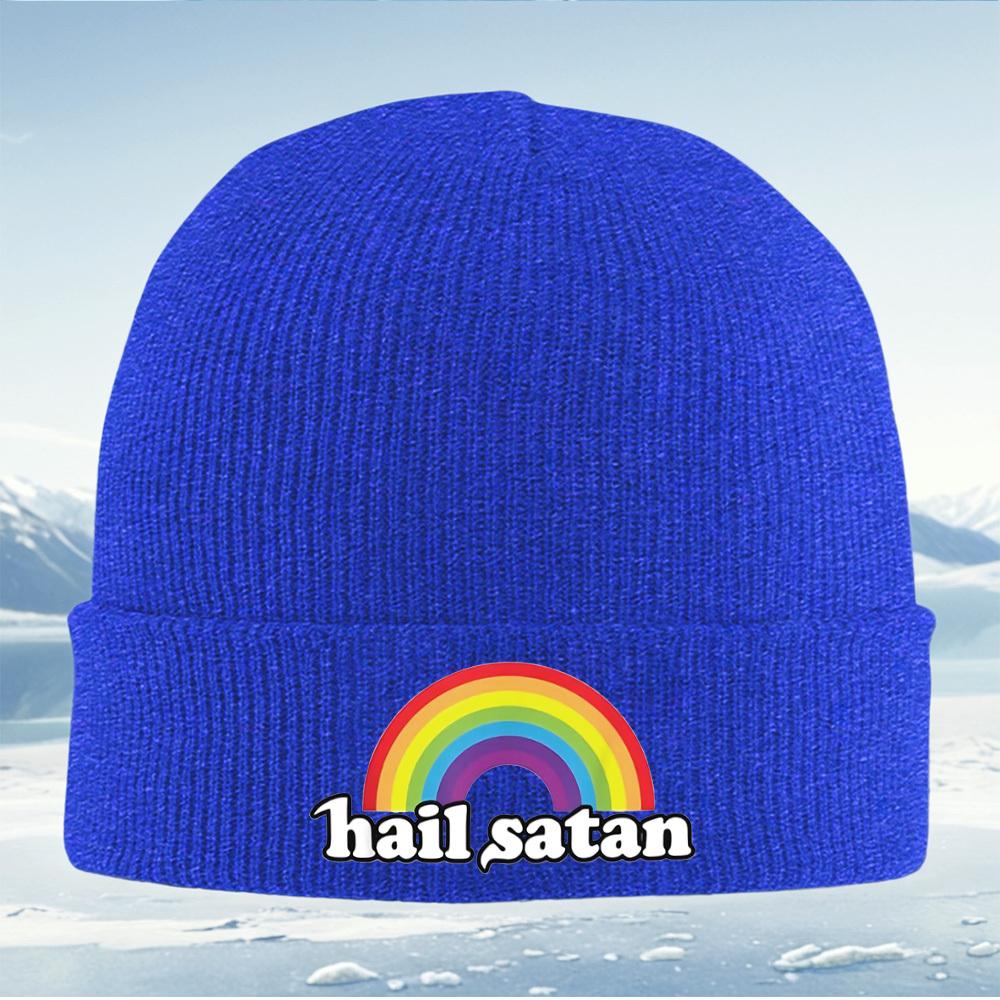 Rainbow over bold hail satan text Men Women Unisex Knitted Hat Beanie Pullover Cap Winter Thermal Warm Christmas Outdoor Cycli