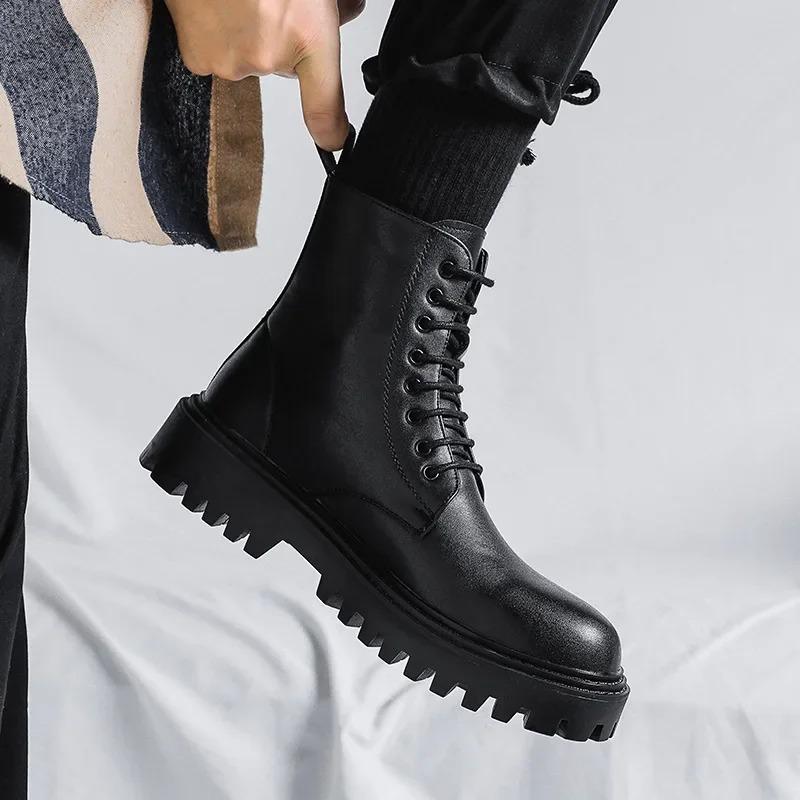 Herren Hohe Knöchelboots Designer Bequem Dicke Sohle Freizeitschuhe Mann Lederstiefel Motorradstiefel Botas