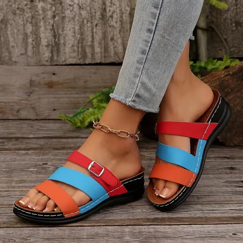 

Large size wedge slippers women s new one-word drag fashion color matching belt buckle fish mouth cool slippers 43 озеро синий
