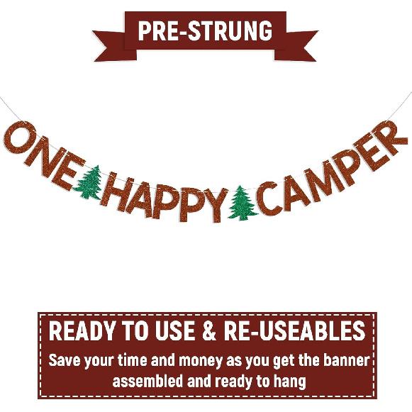 One Happy Camper Banner - Forest Safari Baby Shower Decor, Adventure Camping Party Decor, Camping 1st Birthday Party Decorations Brown Glitter