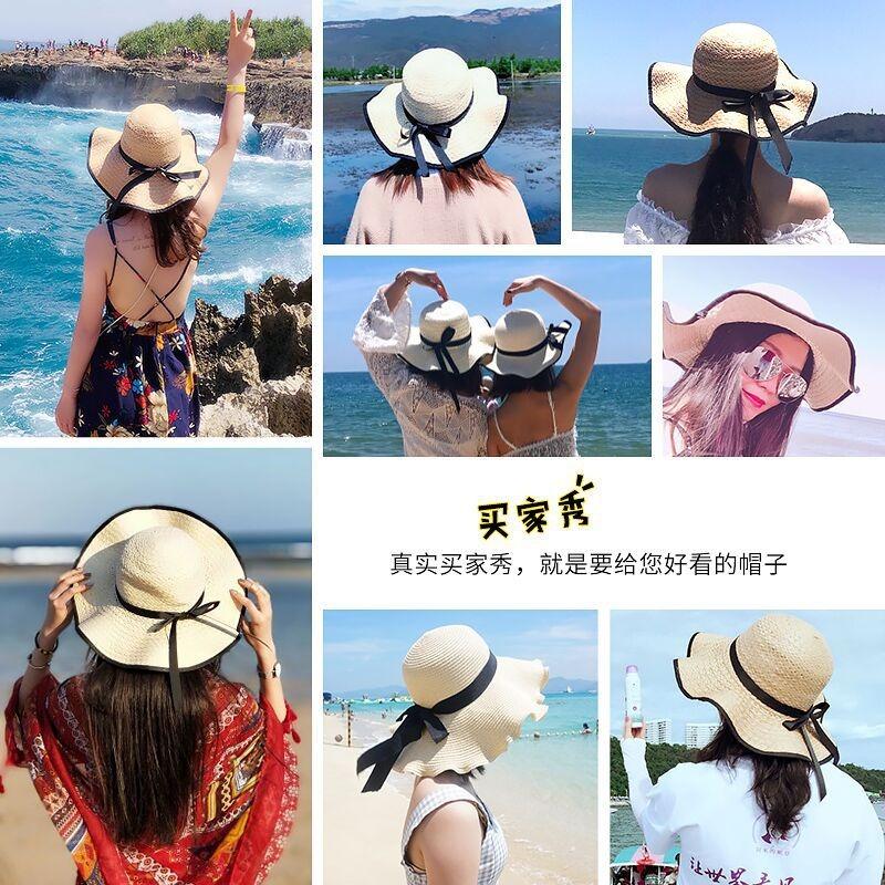 Black hemmed straw hat women's beach hat large brim summer sun hat travel sun hat