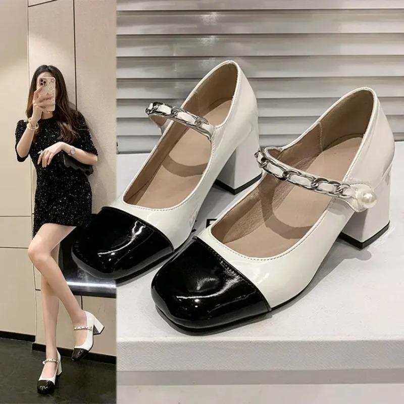 Fashion Hot Selling 2025 New French Style Single Women's High Heels Round Head Vintage Mary Fashion Jane Chunky Heel Hepburn Pearl Shoes