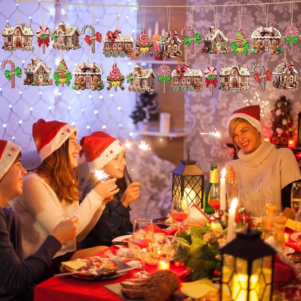 Christmas Gingerbread House Ornament Wooden Christmas Tree Hanging Ornaments Gingerbread House with Ribbons for Xmas Party Favor