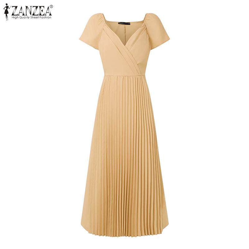 

ZANZEA Элегантное женское платье миди с V-образным вырезом, короткими рукавами, приталенное, повседневное, плиссированное, офисное 5XL