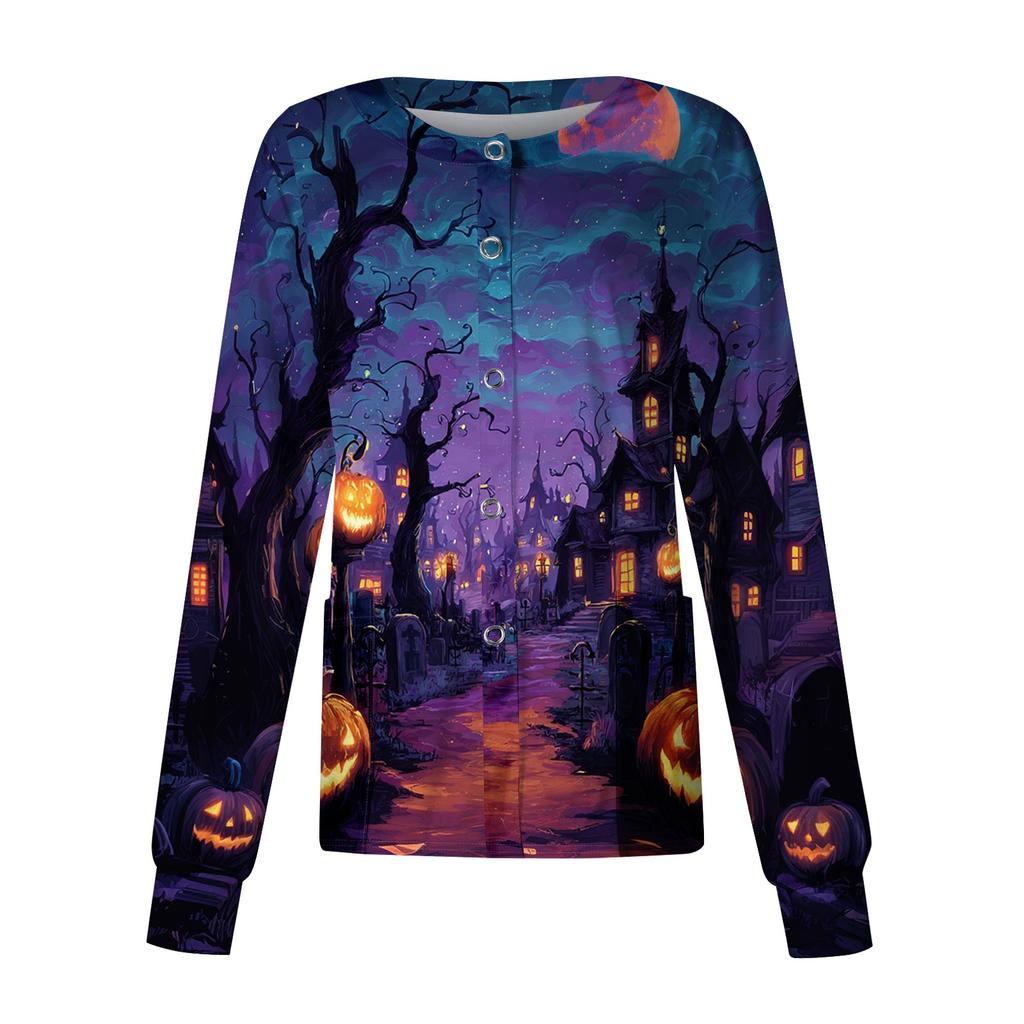 Womens Long Sleeve Button Front Cardigan Halloween Print Spider Web Pattern Lightweight Knit Top for Casual Wear and Work Uniform