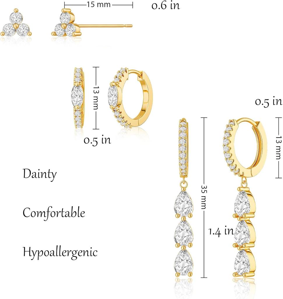 3 pcs Earrings for Multiple Piercings,14K Gold Studs Hoop Earrings Stack, CZ Dangle Earrings Set, Hypoallergenic Women Gift Box