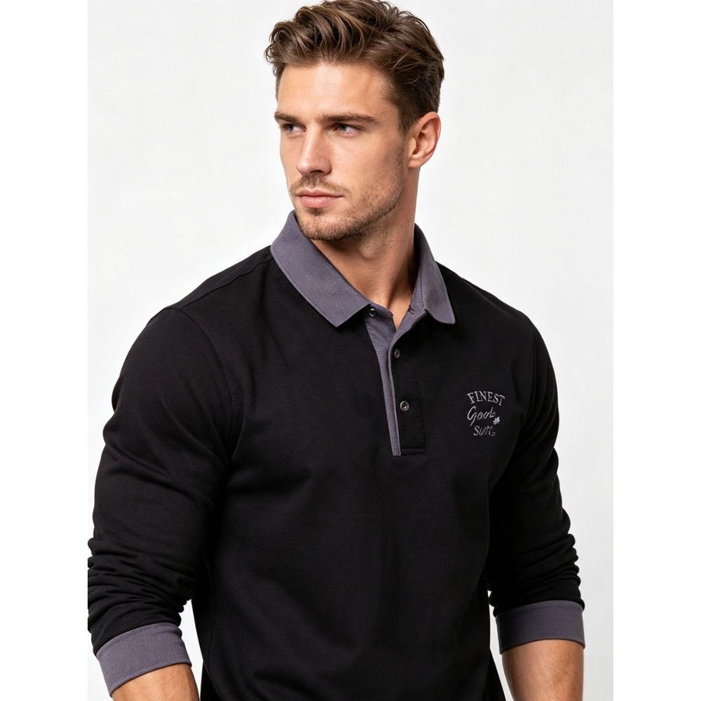 Men's Retro Color Block Long Sleeve Polo – Soft Touch Jersey Shirt with Contrast Cuffs & Vintage Logo – Smart Casual Business Wear