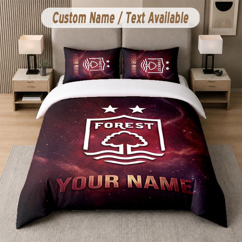 Set Biancheria da Letto Personalizzato Modello Nottingham Forest FC, Stampa Nome Testo 1 Copripiumino più 2 Federe Tessile per la Casa