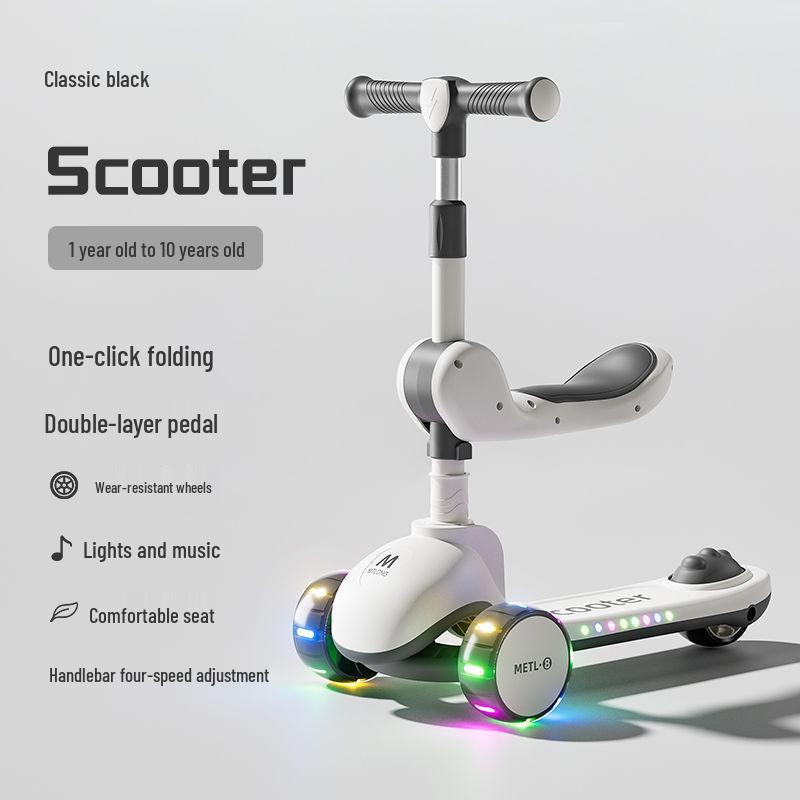 Folding Kids' Scooter with Seat, Ages 1-10, for Boys and Girls