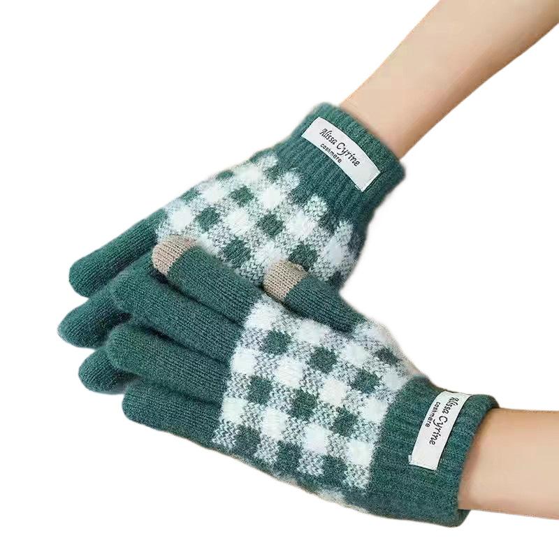 New Autumn and Winter Products, Plus Velvet and Thickened Full-finger Warm Plaid Gloves, Fashionable and Trendy Touch-screen Knitted Gloves