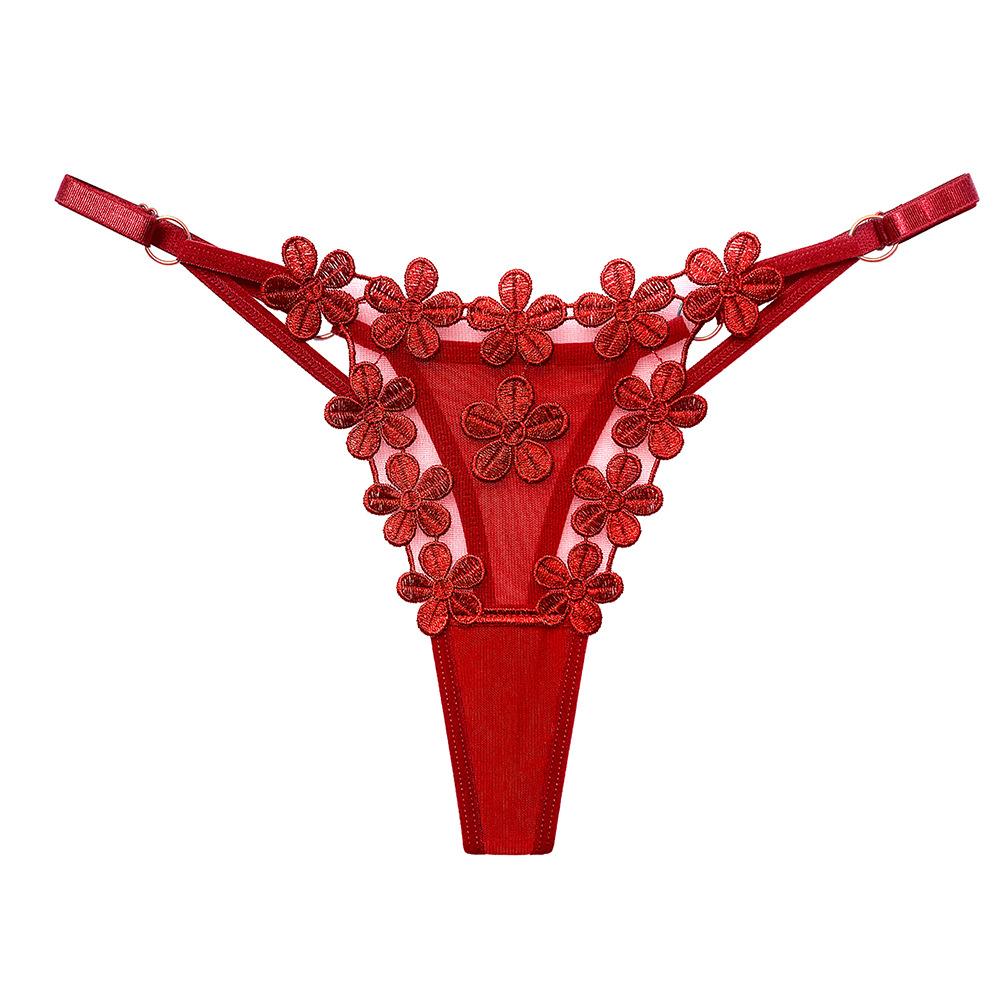 European Exquisite Butterfly Embroidered Thong Sweet Flower Perspective Lingerie Women Sexy Adjustable Briefs