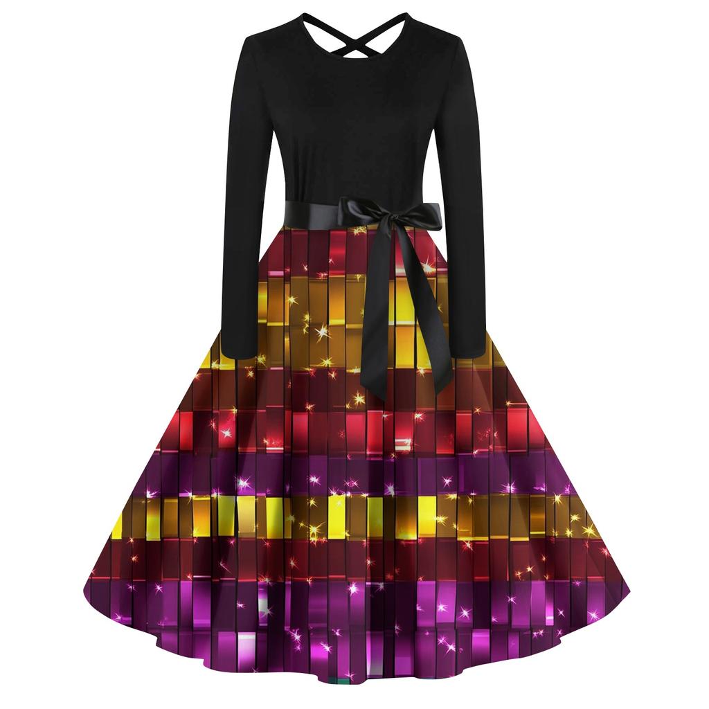 Women's Casual Print O-neck Pullover High Waist Long Sleeve Dress