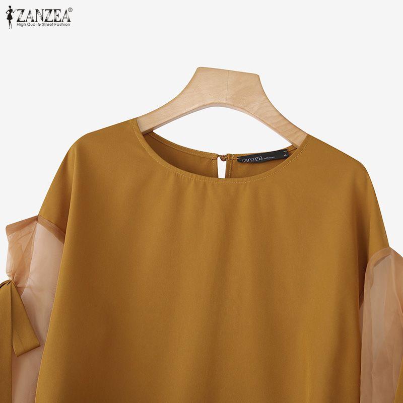 ZANZEA Women Casual Round Neck Mesh Splice Long Sleeve Blouse