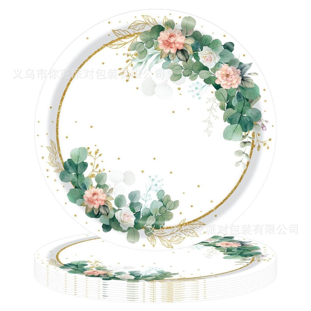 Sage-Patterned Paper Plates, Eucalyptus-Leaf-Themed Disposable Cups, Napkins, Tablecloths, and Wedding & Birthday Party Tableware Sets