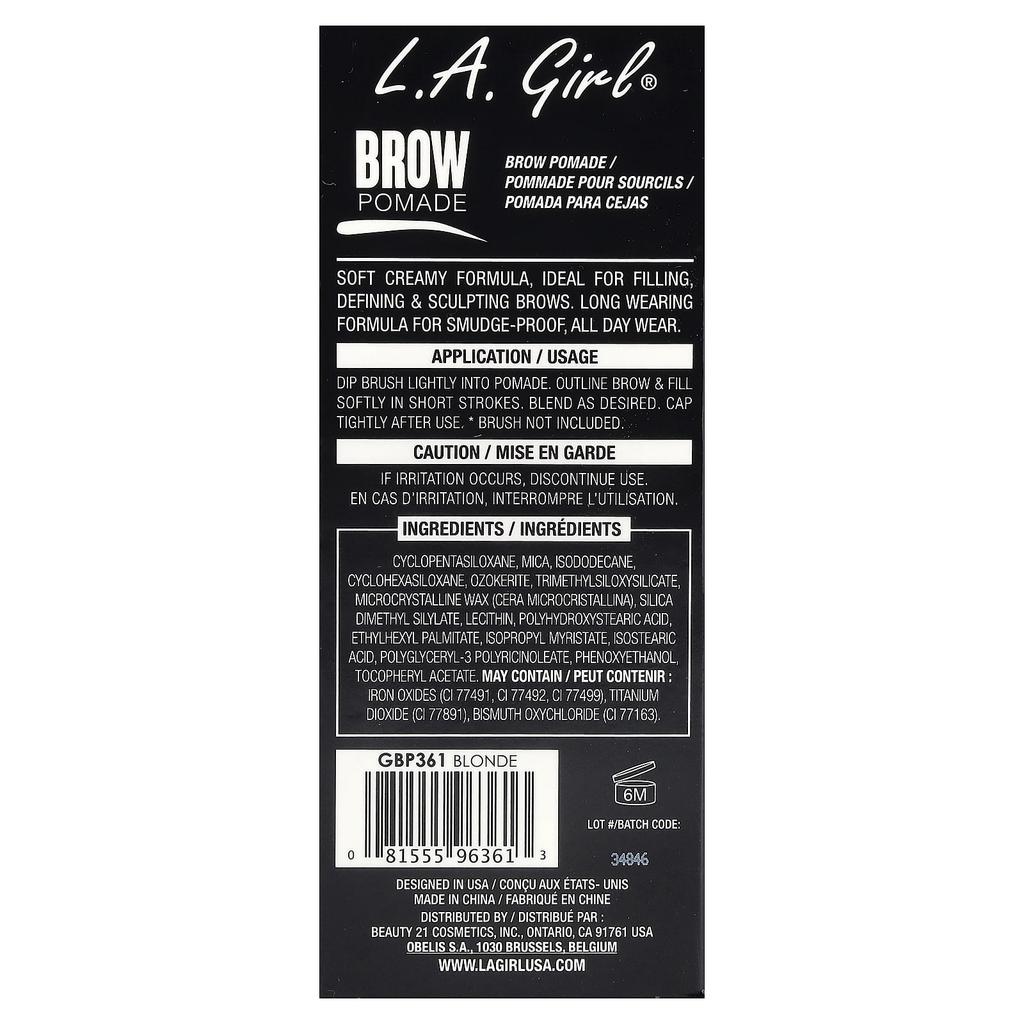L.A. Girl, Brow Pomade, GBP361 Blonde, 3g (0.11oz)