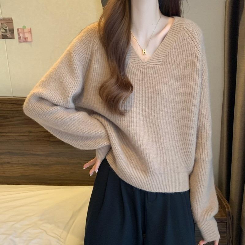 VEZFAA Women's Fashion Casual Fall Winter Solid Color Print Long Sleeve V-Neck Sweaters