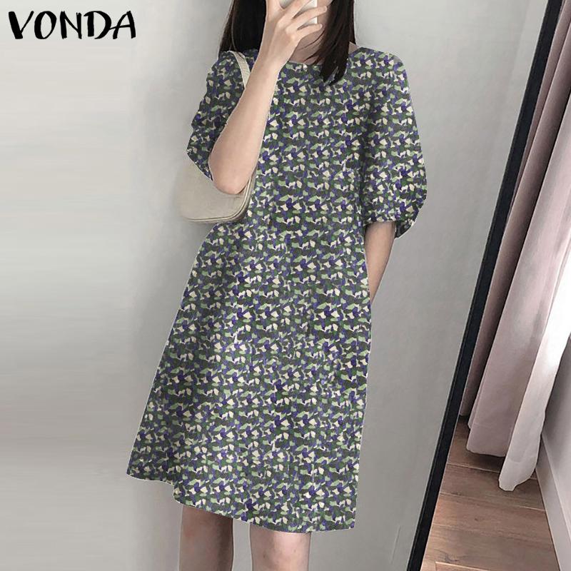 

VONDA Puff с короткими рукавами Женское повседневное свободное платье миди с принтом