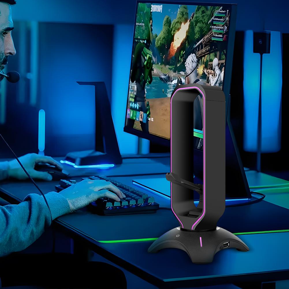 Suport Căști Gaming RGB cu Hub USB 2.0 Suport Căști Over-Ear cu 2 Porturi USB Raft Căști Accesorii Gaming