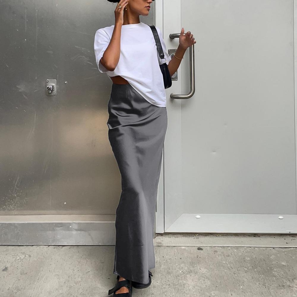Elegant Satin Trumpet Skirts Fashion Slim High Waist Skirts Women Female Solid Office Long Skirt