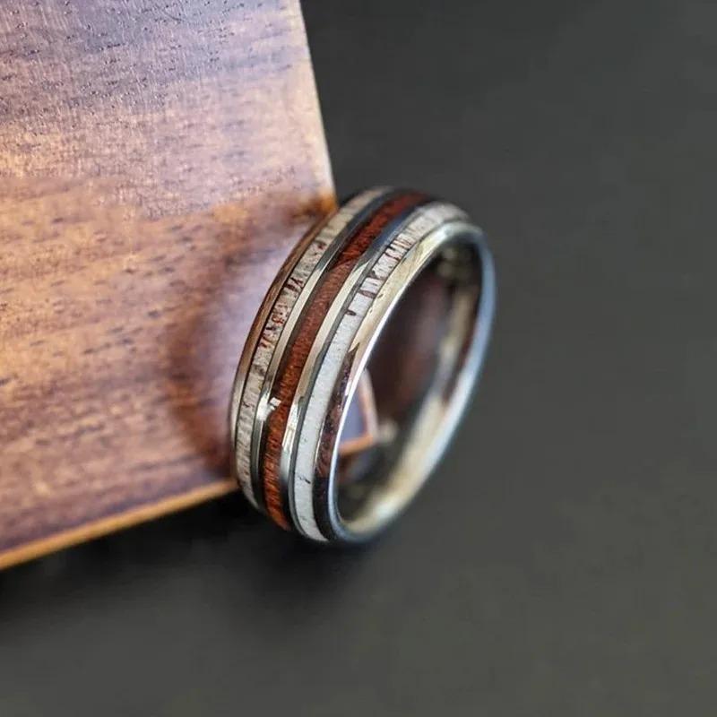 Fashion Copper Color Men's Stainless Steel Rings Koa Wood Deer Antler Inlay Dome Engagement Rings For Men Women Wedding Jewelry