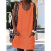 Pocket Button-Back Dress with Crew Neck Button Strap Round Neck Dress Women