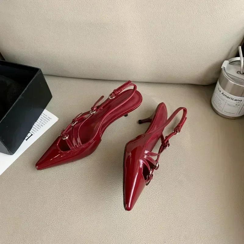 

модные женские туфли-лодочки новые женские туфли с открытой пяткой женские туфли на высоком каблуке туфли Мэри Джейн женские туфли с острым носком и пряжкой на шпильке женские туфли 34 красный