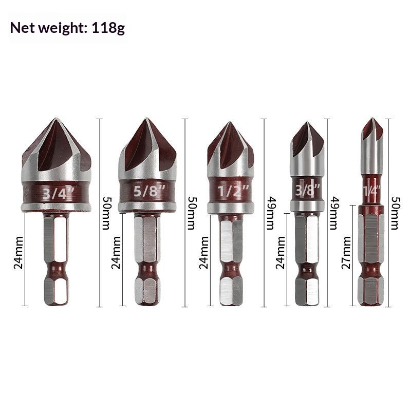3/5Pcs 5 Flute Titanium Countersink Drill Bit Set With Automatic Center Punch For Woodworking Diy Metal Drilling