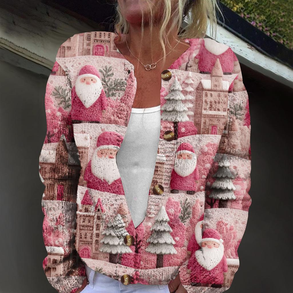 Women's Fashion Christmas Print Long Sleeve Knitted Cardigan Button Jacket