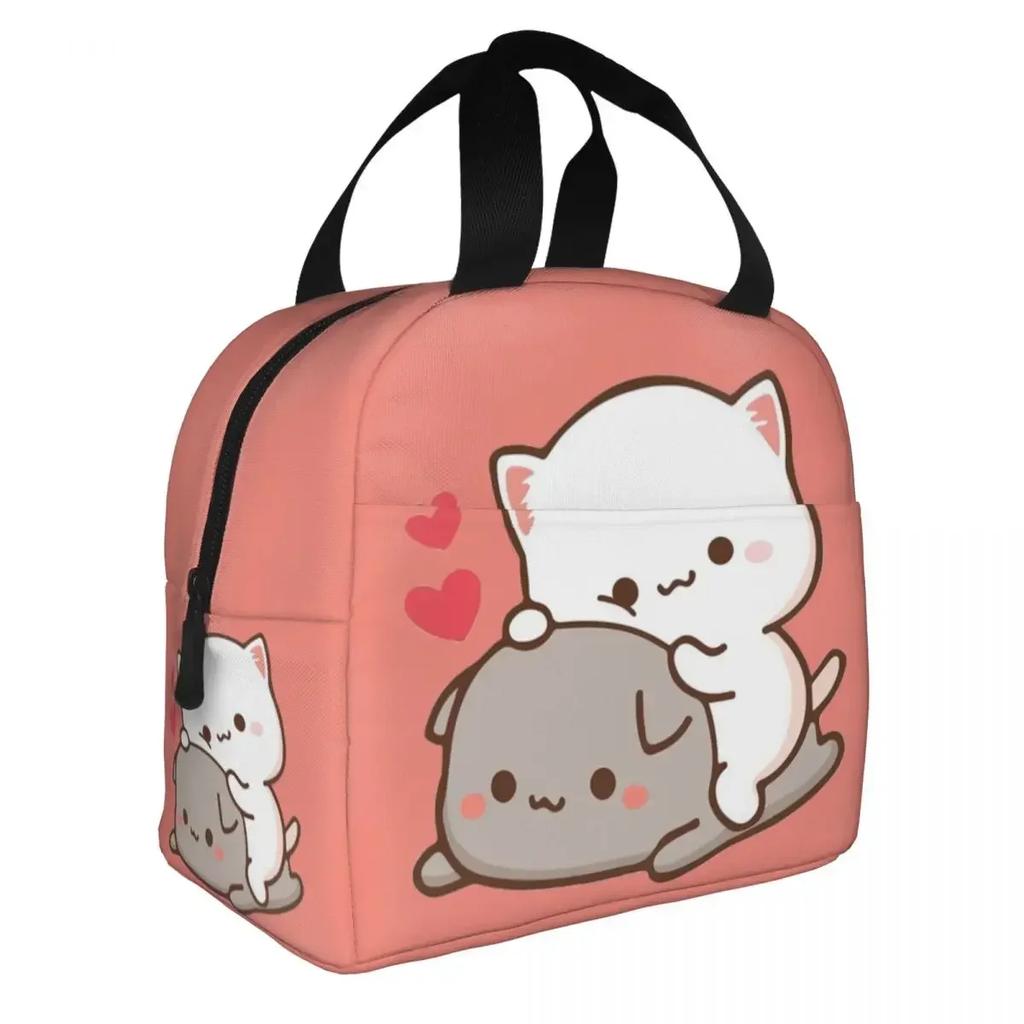 Peach And Goma Insulated Lunch Bag High Capacity Cute Mochi Peach Cat Lunch Container Cooler Bag Tote Lunch Box Beach Travel