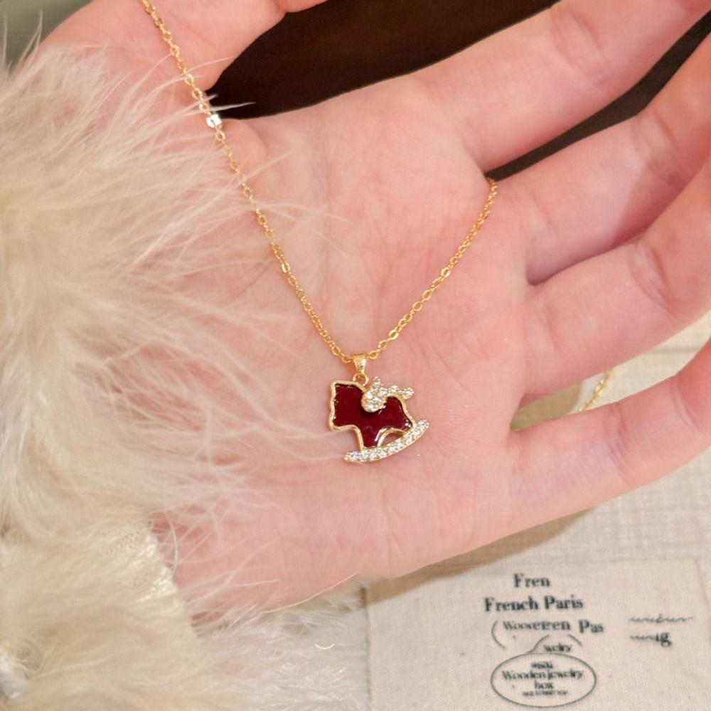 Collarbone Chain Zircon Horse Pendant Necklace Rhinestone Red Drop Earrings  Wedding