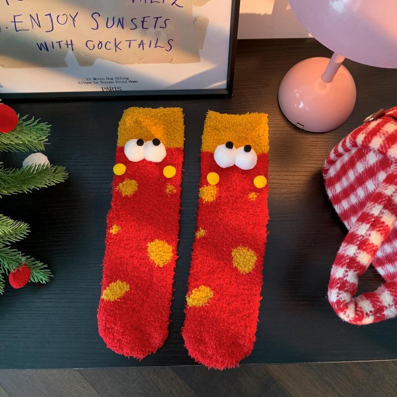 

Adorable Coral Fleece Women s Mid-Calf Sleeping Socks - Christmas Fuzzy Cartoon Design for Autumn and Winter