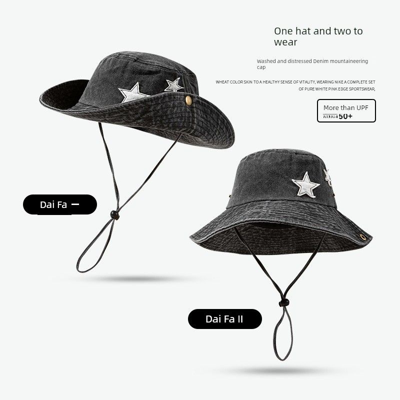 

Spring and Summer Fashion Hiking Bucket Hat Hat Female Western Denim Camping Outdoor Travel Hiking Cotton Bucket Hat Two Star Mountaineering Cap-Black One size