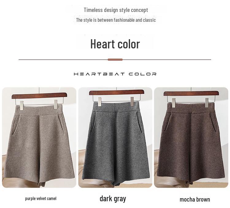 Dámské vlněné pletené šortky s vysokým pasem – Podzim/Zima 2023, Jednobarevné, Zesílené, Štíhlé tříčtvrteční délky