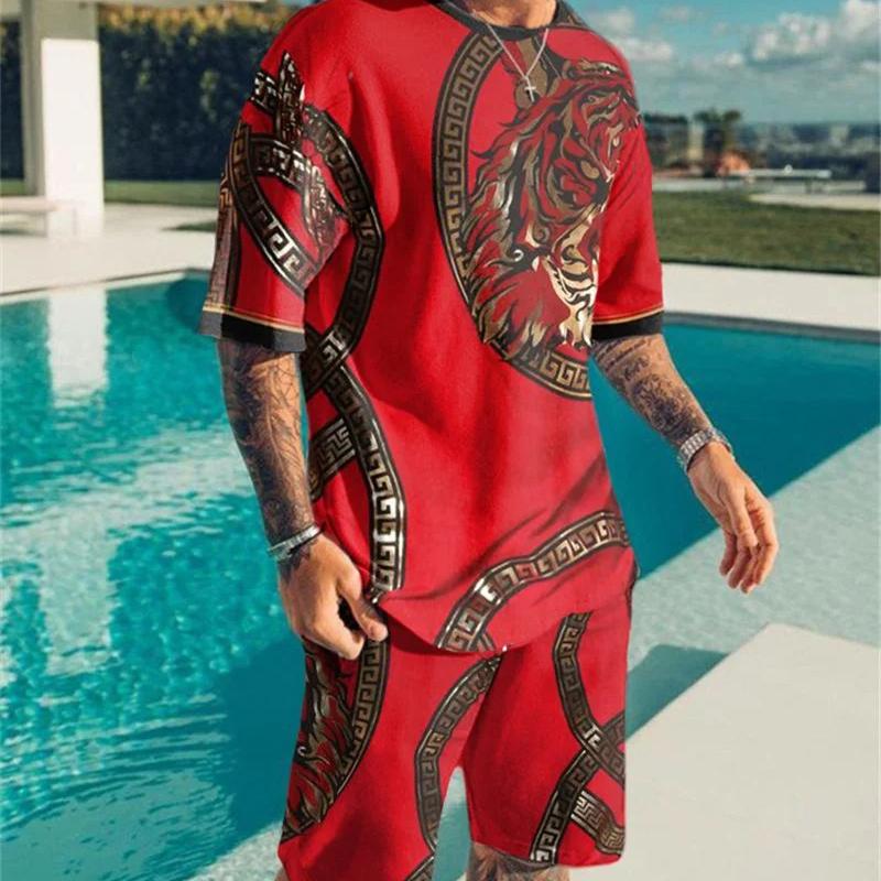 Móda Letní 2dílné soupravy Tepláky Pánské oversized oblečení Retro plážový styl 3D tisk trička Pánský oblek Tričko Šortky