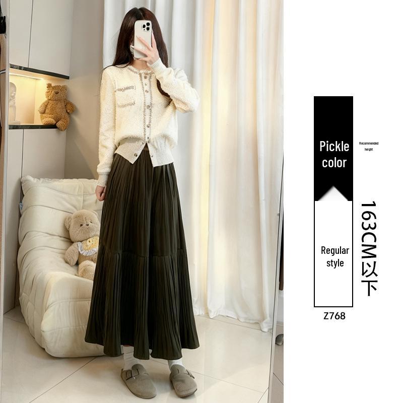 Women's Black Gold Velvet A-line Pleated Midi Skirt, High Waist, Spring/Autumn 2026