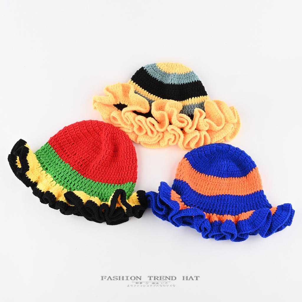 Hand Crocheted Ruffle Edge Knitted Hat Women Autumn Winter Warm Ear Protector Basin Hat Colored Ruffled Wool Bucket Hat