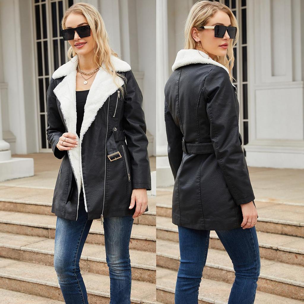 Kadın Peluş Ceketler Suni Deri PU Yaka Fermuar Orta Uzunluk Sıcak Ceket Kemerli Uzun Kollu Sonbahar Kış Dış Giyim Bombacı Moto Biker Kıyafetler