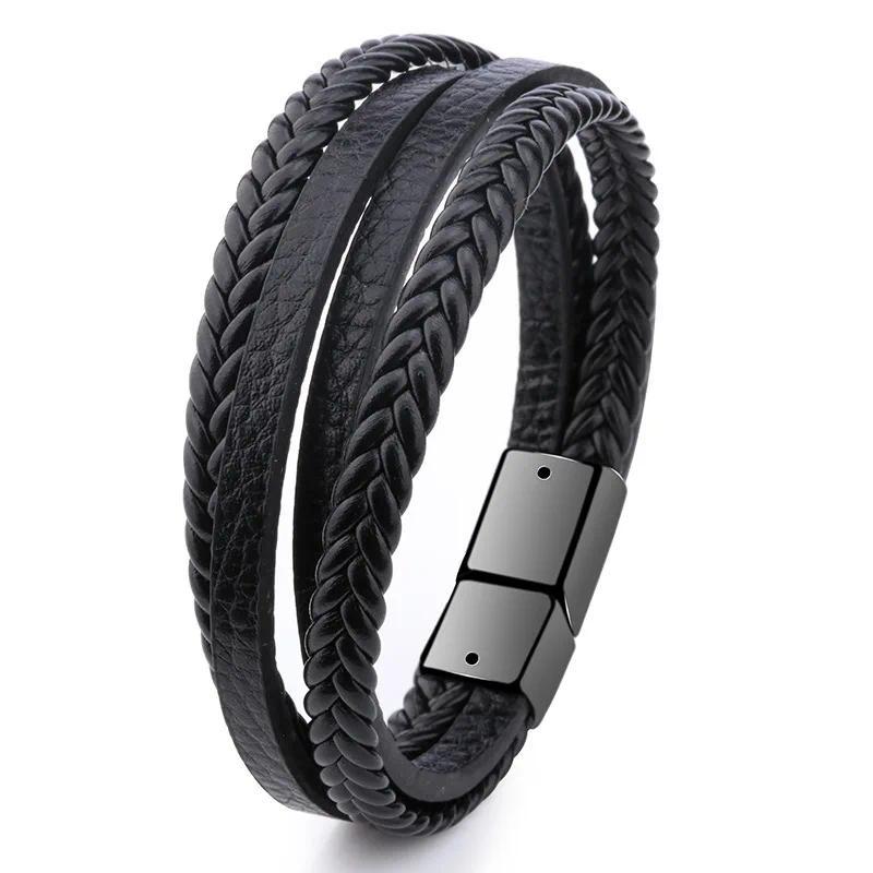 Vintage Design Handwoven Bracelet for Men Alloy Magnetic Buckle Leather Bracelet Jewelry 21cm