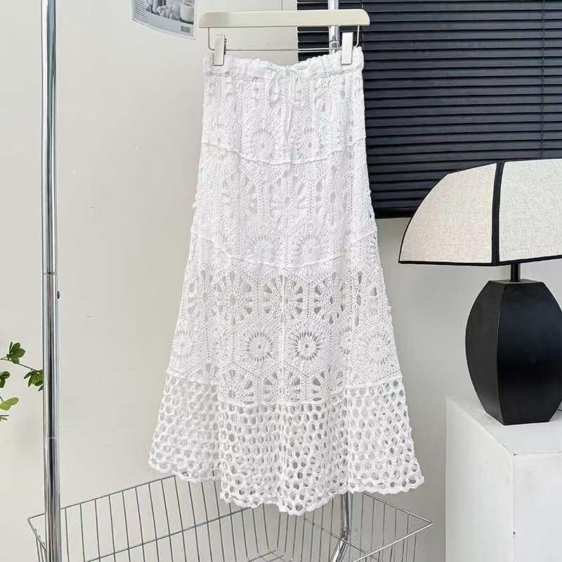 Bohemian Women's Resort Skirt: Korean-Style Embroidery, Crochet Knit, Drawstring Waist, Versatile Large Hem Hemline.