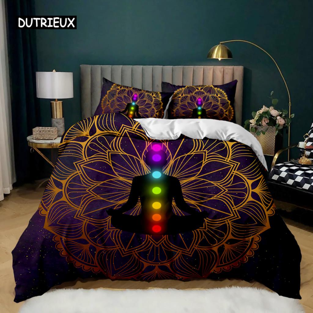 Buddha Duvet Cover Set Indian Art Bohemian Mandala Zen Themed Bedding Set Meditation Buddhist Lotus Floral Polyester Qulit Cover