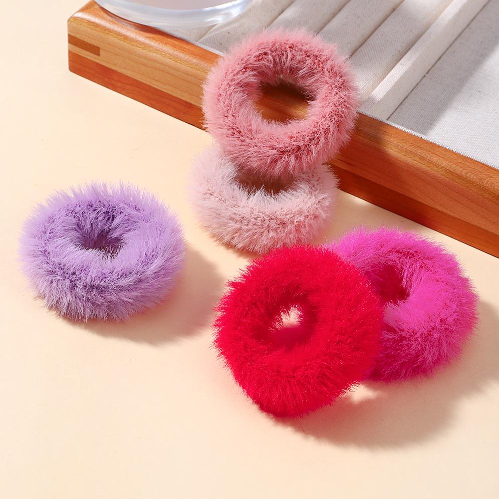 5pcs/bag Girls Mini Colorful Plush Hair Ring Fat Intestine Ring Baby Cute Hairy Head Rope Furry Rubber Band Hair Accessories