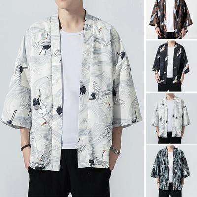 Homens Imprimir Kimono Estilo Três Quartos Mangas Samurai Traje Yukata Roupas Asiáticas Cardigan Top Roupas Plus Size