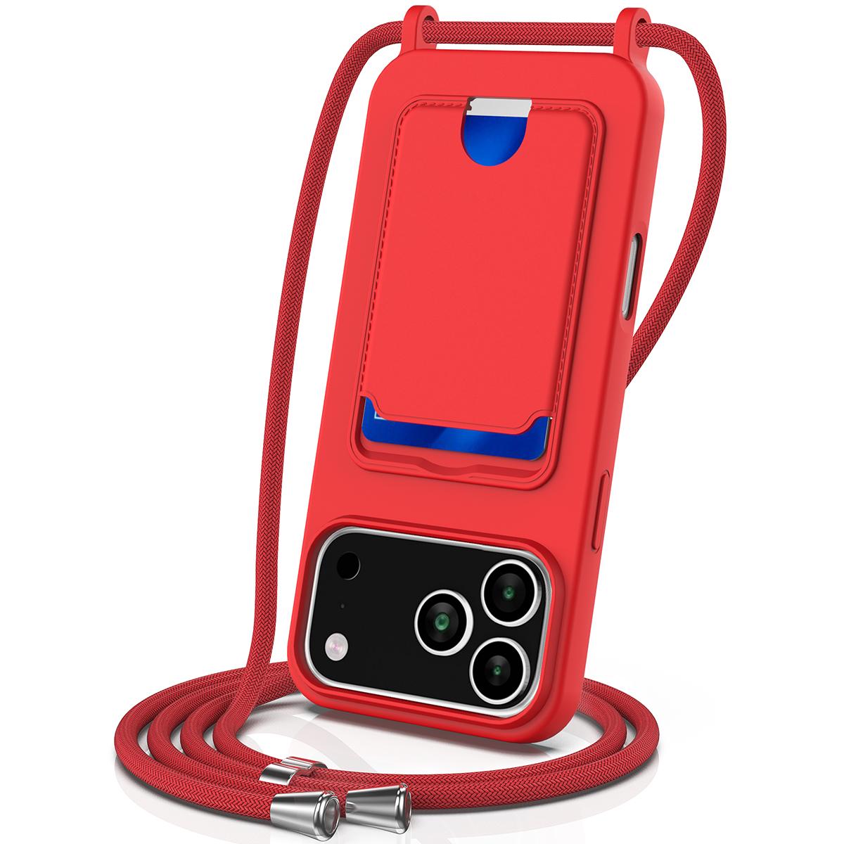 

For iPhone 17 Pro Max Case Liquid Silicone Card Holder Back Phone Cover with Lanyard Red